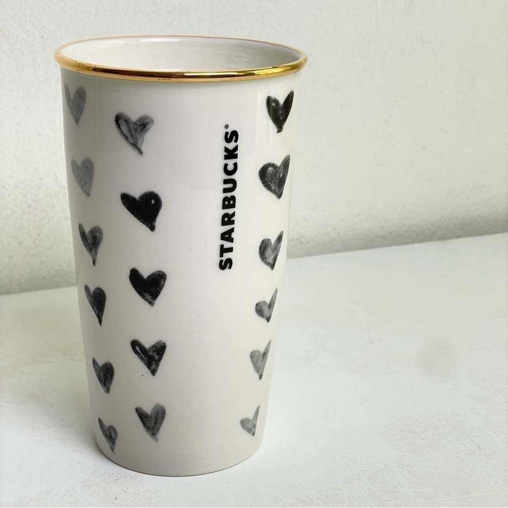 STARBUCKS Vintage 2014 Black Hearts White Ceramic Tumbler Gold Rim Collectible - Picture 4 of 8
